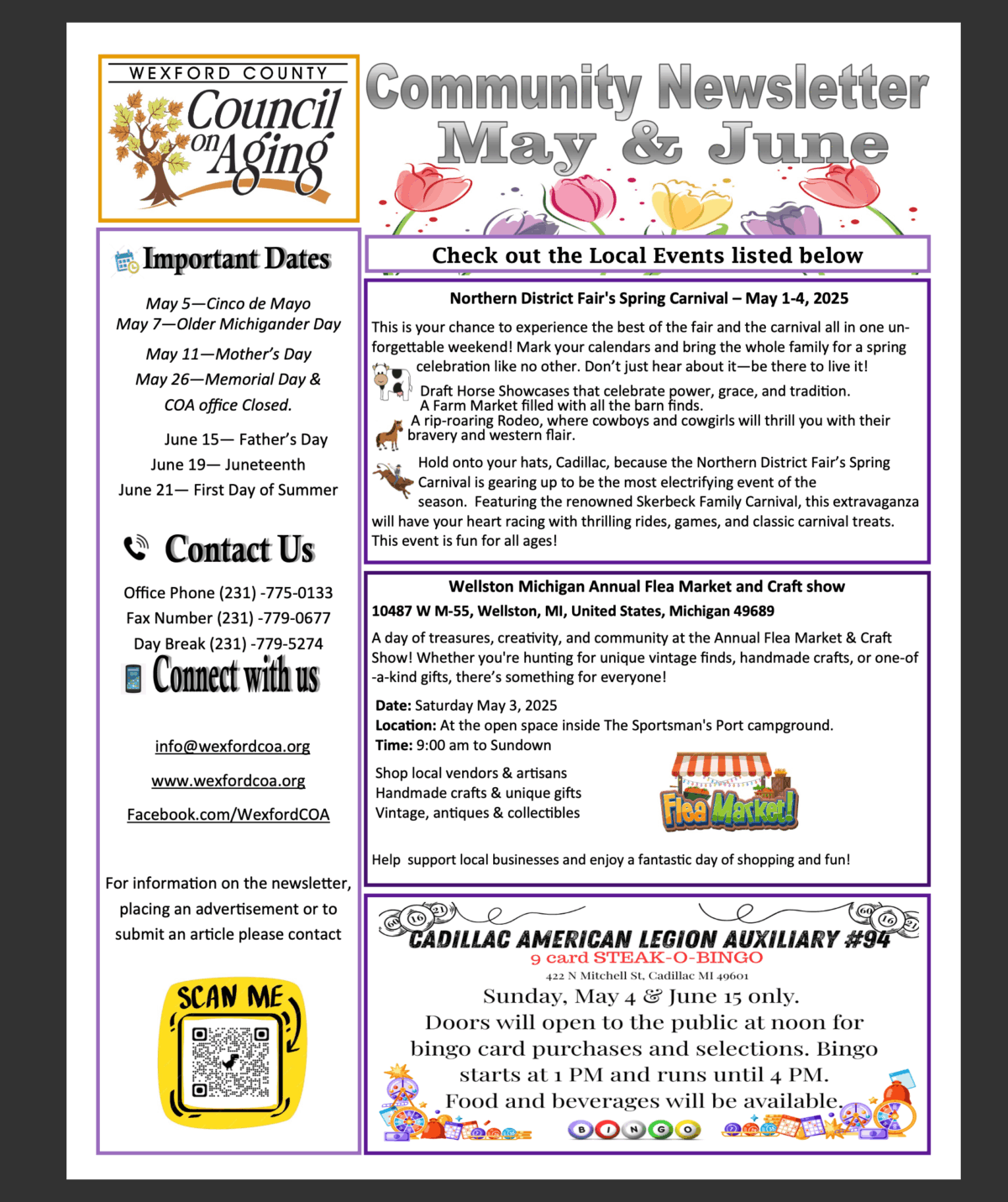 Senior community events newsletter from Council on Aging in Wexford County; cadillac